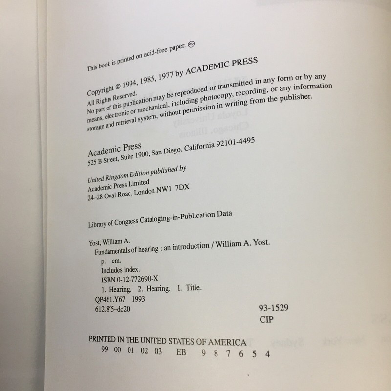 Fundamentals of Hearing : An Introduction by William A. Yost (1994, Hardcover) gallery
