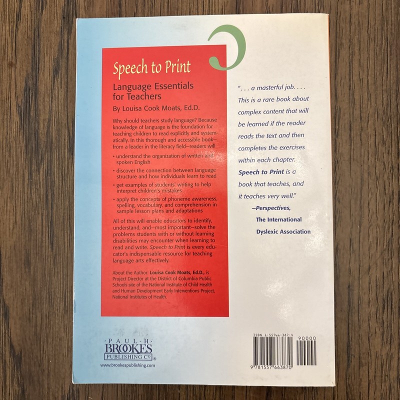 Speech to Print: Language Essentials for Teachers by Ed.D. Moats, Louisa Cook gallery