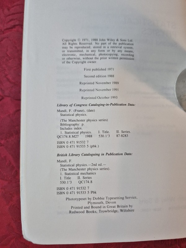 Statistical Physics - 2nd Ed - F. Mandl - Wiley Trade paperback gallery