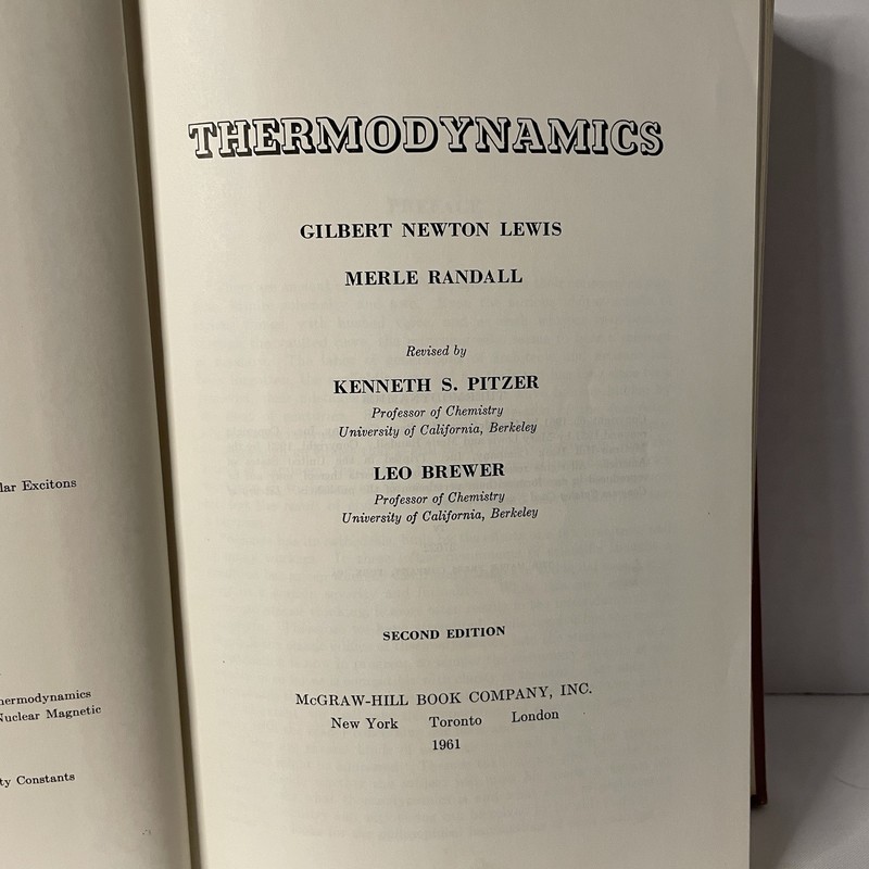 Thermodynamics 1961 2nd Ed Gilbert N Lewis Merle Randall HC McGraw Hill gallery