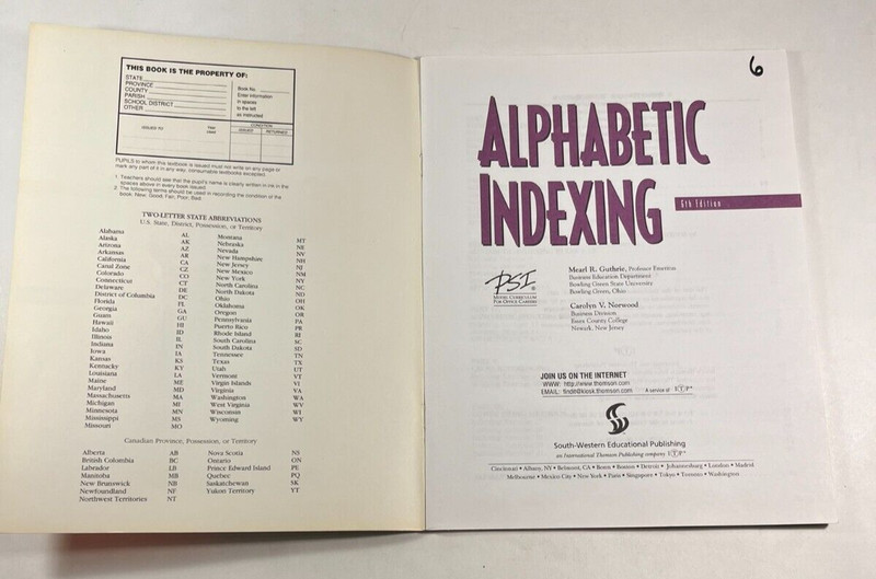 Alphabetic Indexing 6th Edition 1999 by Guthrie, Norwood South Western 053669268 gallery