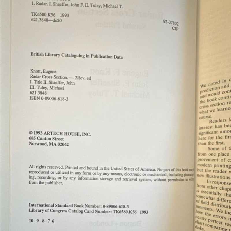 Radar Cross Section Knott Shaeffer Tuley Second Edition Hardcover Radar gallery